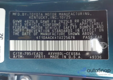 2026 Toyota Camry Se from USA, damaged, VIN 4T1DAACK4TU225676